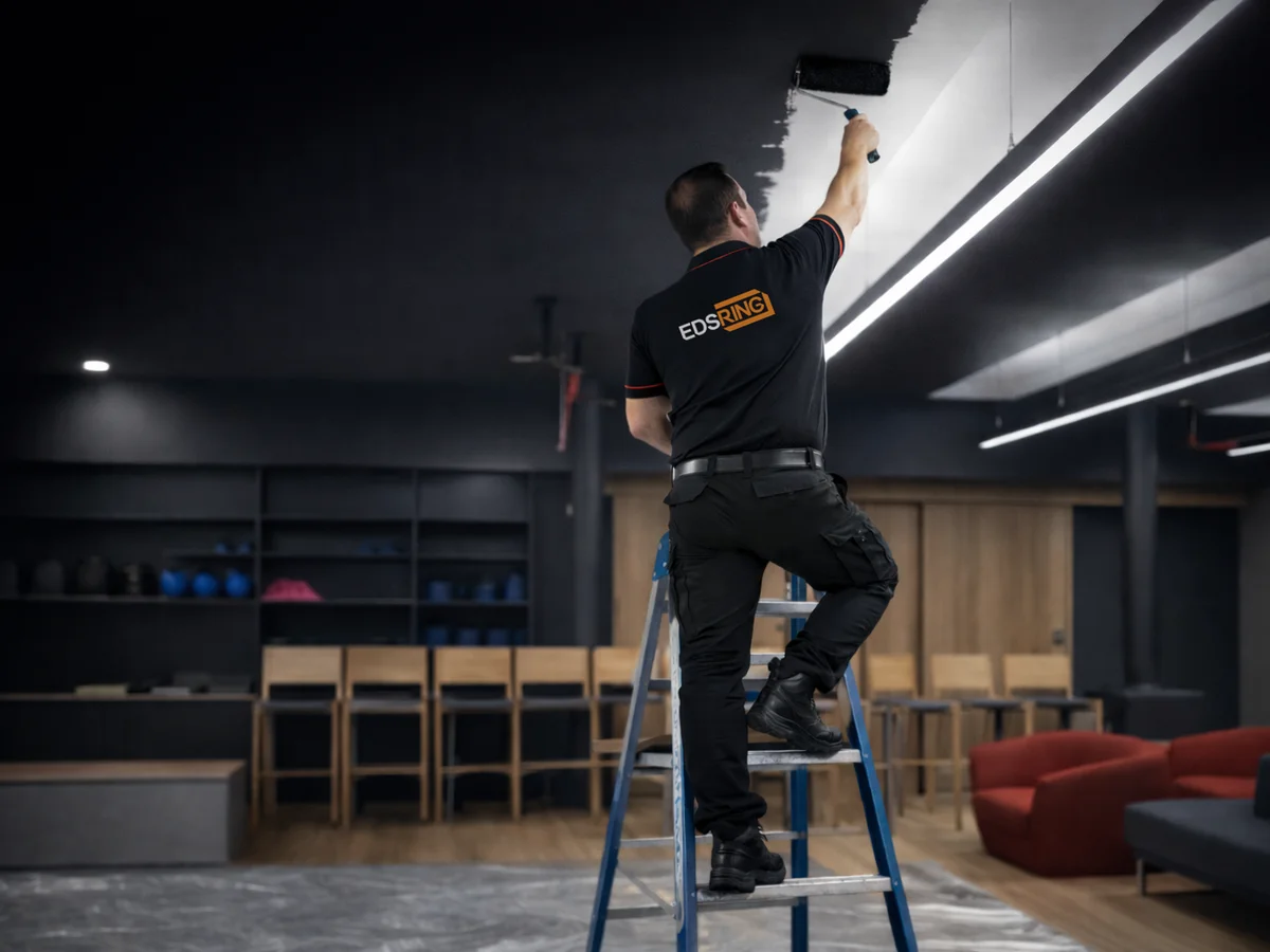 EDSRING technician on ladder performing building maintenance